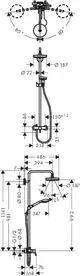Hansgrohe Duschelement mit einer oberen Brause, einem Einhebelmischer und einem flexiblen Auslauf. Detaillierte technische Zeichnung mit Maßangaben.